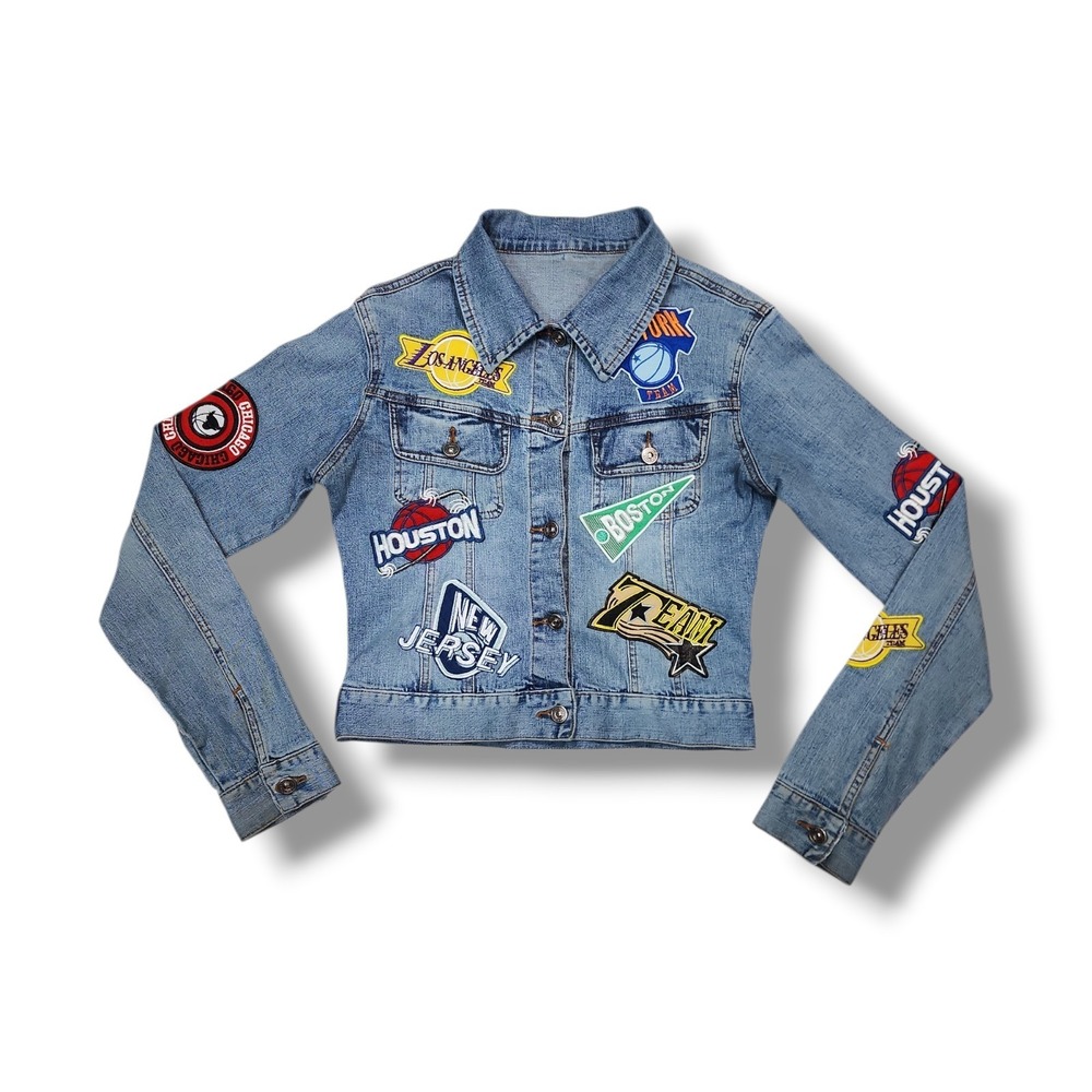 Vintage Street Vibes All Over NBA Patch Denim Trucker Jacket Women's Small
